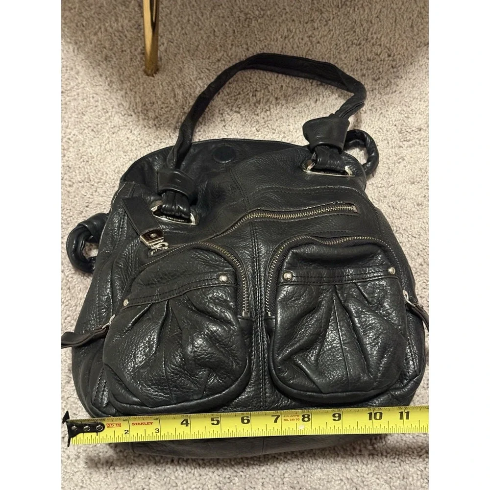 B. Makowsky Black Pebbled Leather Multi Pocket Hobo‎ Bag Y2K Boho Shoulder Purse